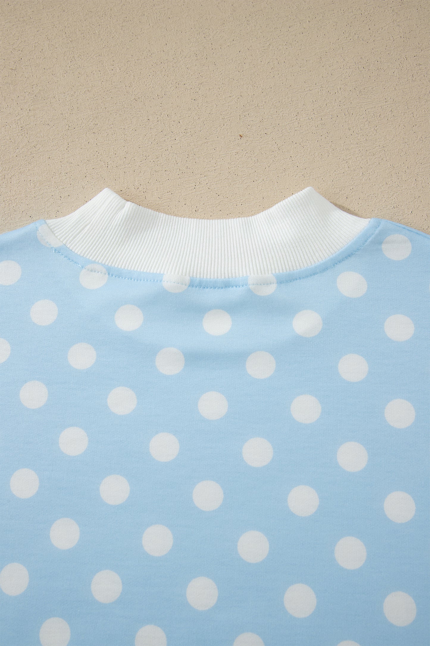 Sky Blue Polka Dot Print Color Block Trim Mock Neck Short Set