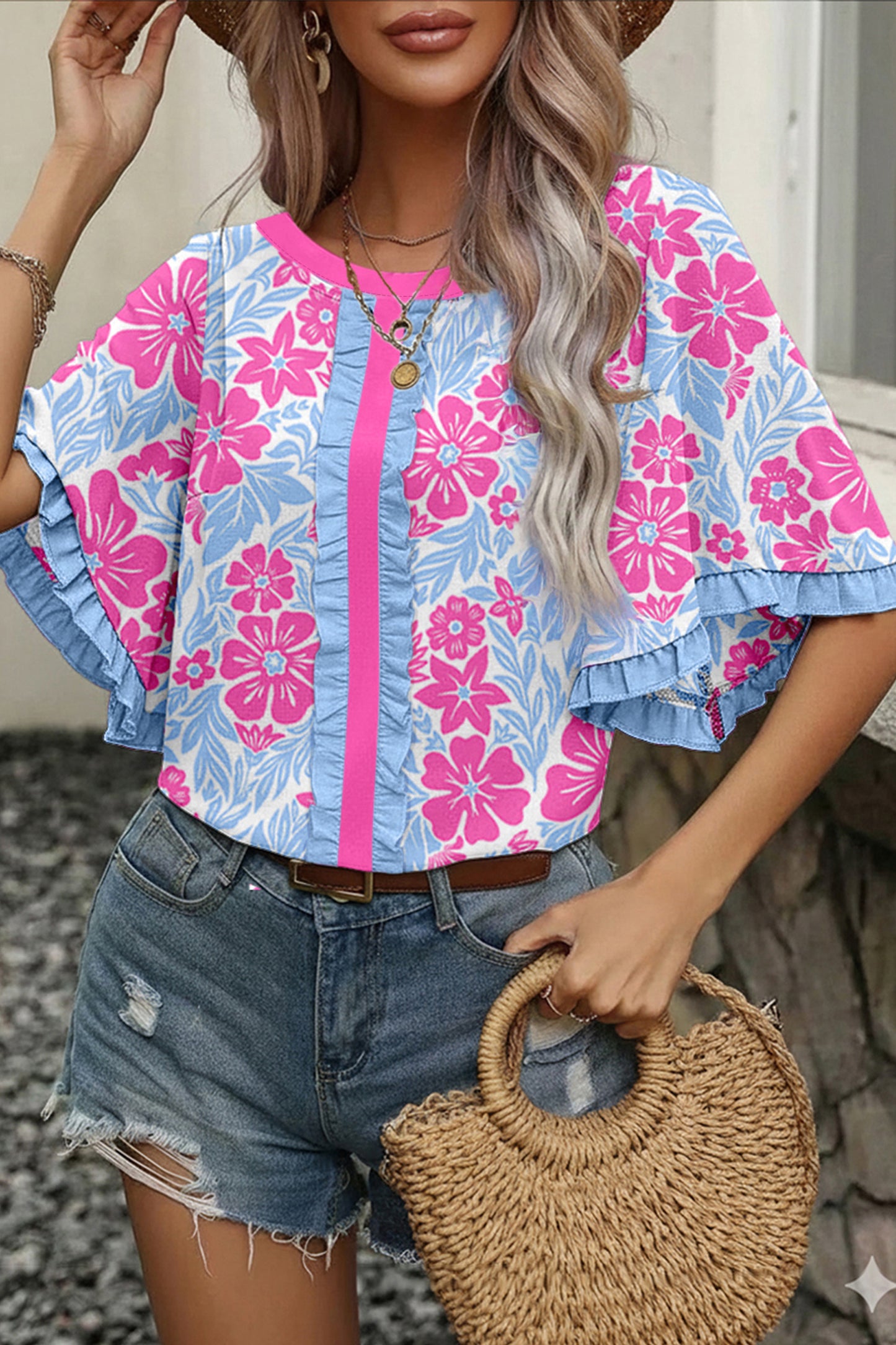 Floral Viscose Blouse Casual Ruffle Trim Flutter Sleeve Top