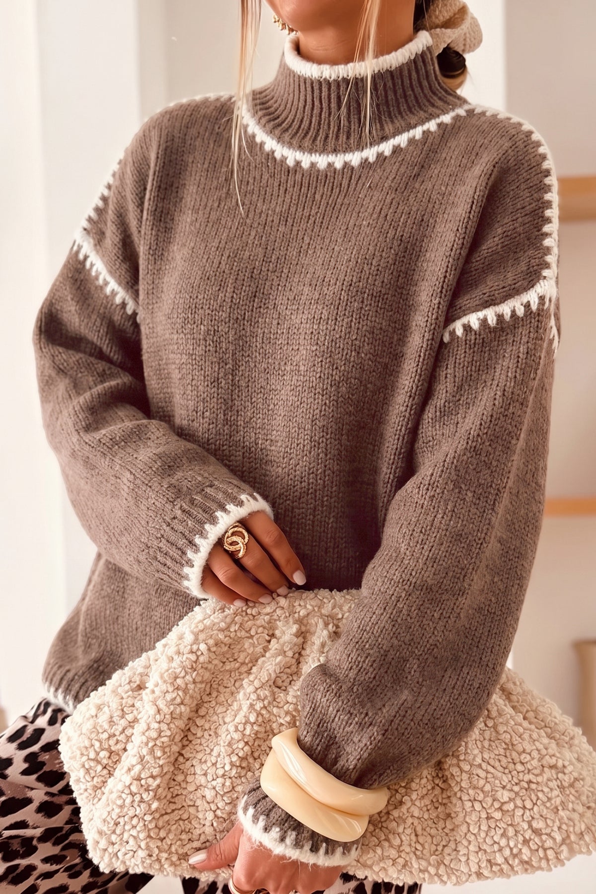 Dark Khaki Contrast Trim Mock Neck Drop Shoulder Relaxed Sweater