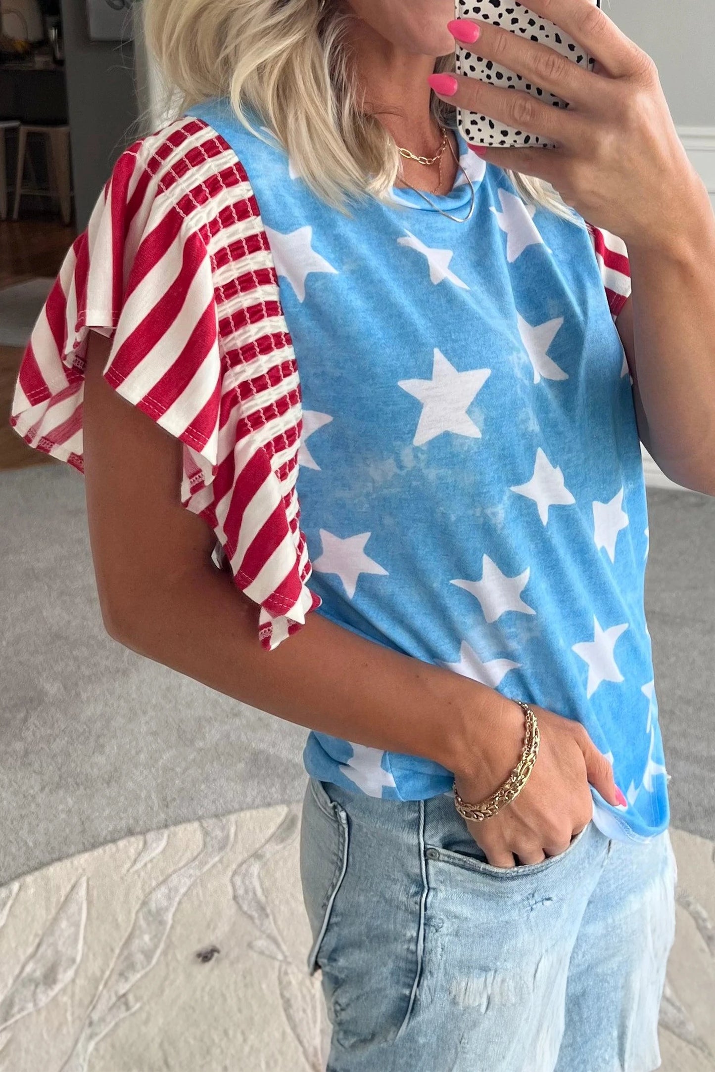 Sky Blue Vintage Star Print Striped Ruffle Sleeve Independence Day Top
