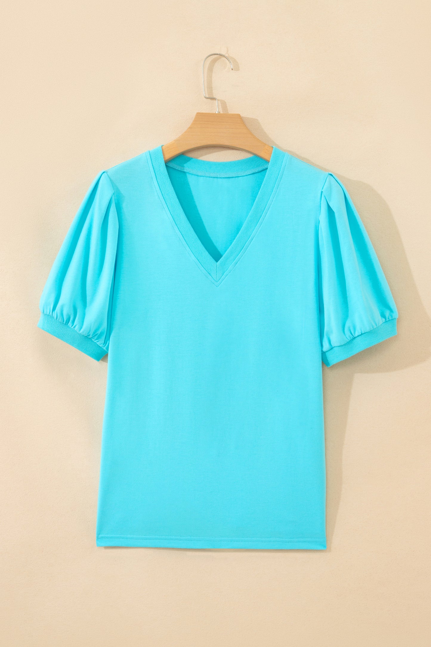 Bonbon Solid Color V Neck Short Puff Sleeve Blouse