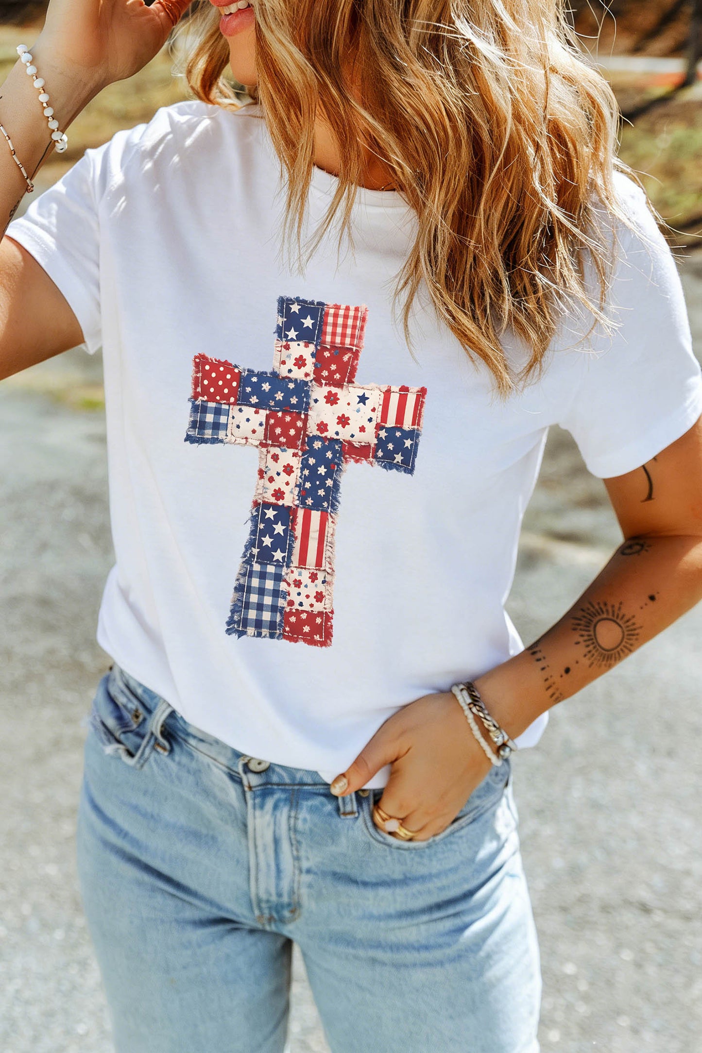 White Faux Patchwork Print Patriotic Cross Tee