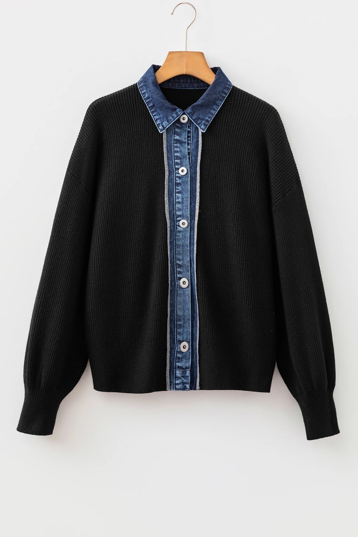 Parchment Drop Shoulder Placket Paneling Shirt Collar Long Sleeve Cardigan