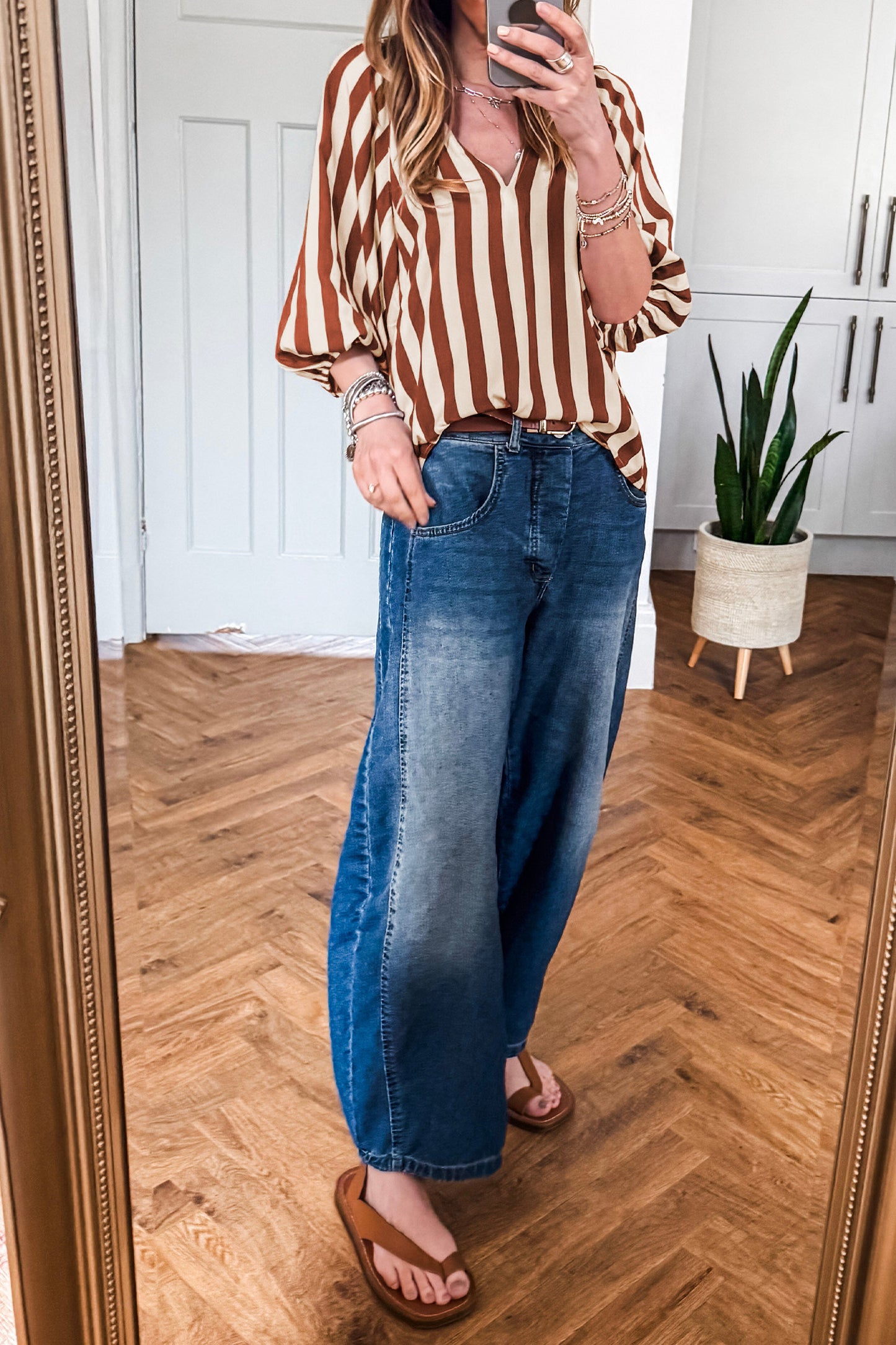 Brown Stripe V Neck Half Sleeve Casual Blouse