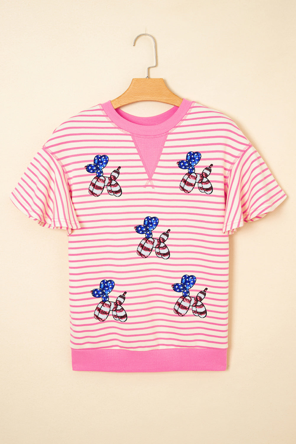 Sachet Pink Striped Sequin USA Flag Inspire Balloon Dog Patched Ruffled Short Sleeve Top