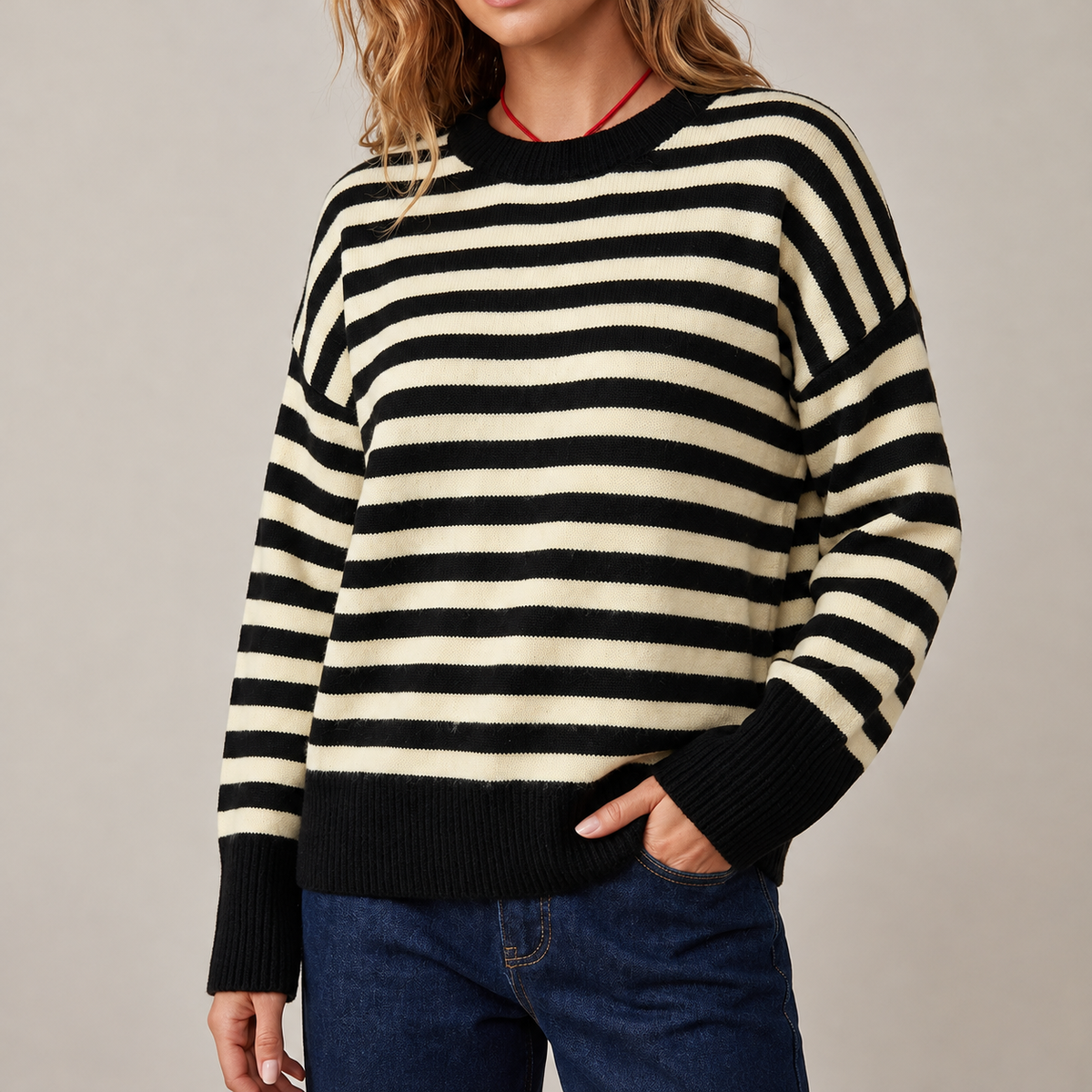 Women's Color Block Striped Oversized Crewneck Sweater