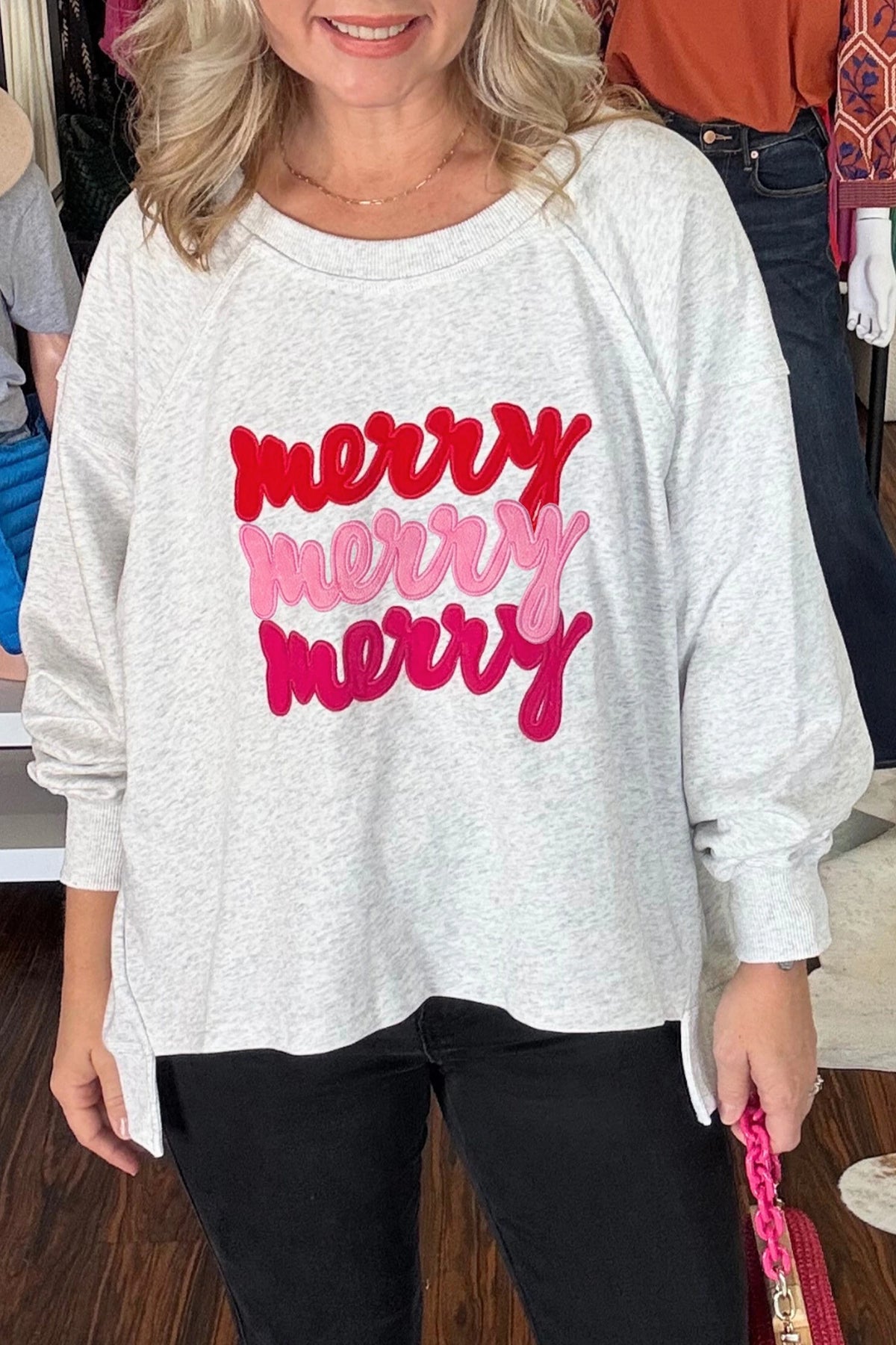 Light Grey Festive Sequin Embroidered Merry Slogan Relaxed Pullover Sweatshirt