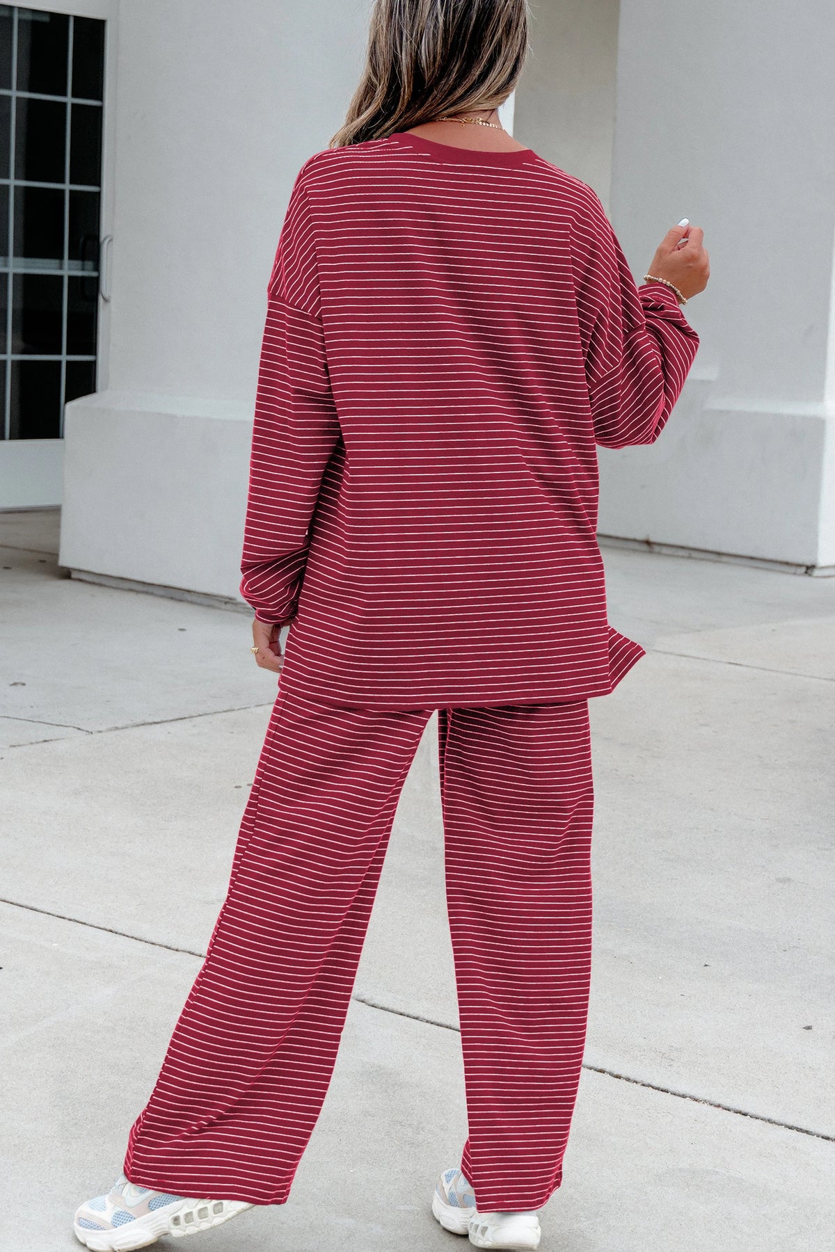 Green Stripe Dropped Shoulder Long Sleeve Top Elastic Waist Pants Casual 2pcs Set