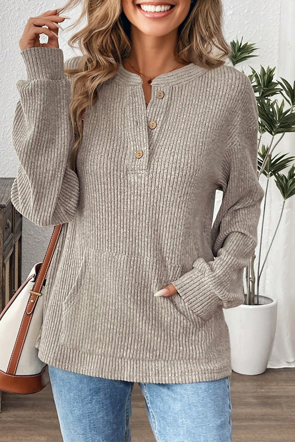 Ribbed Texture Drop Shoulder Henley Knit Top