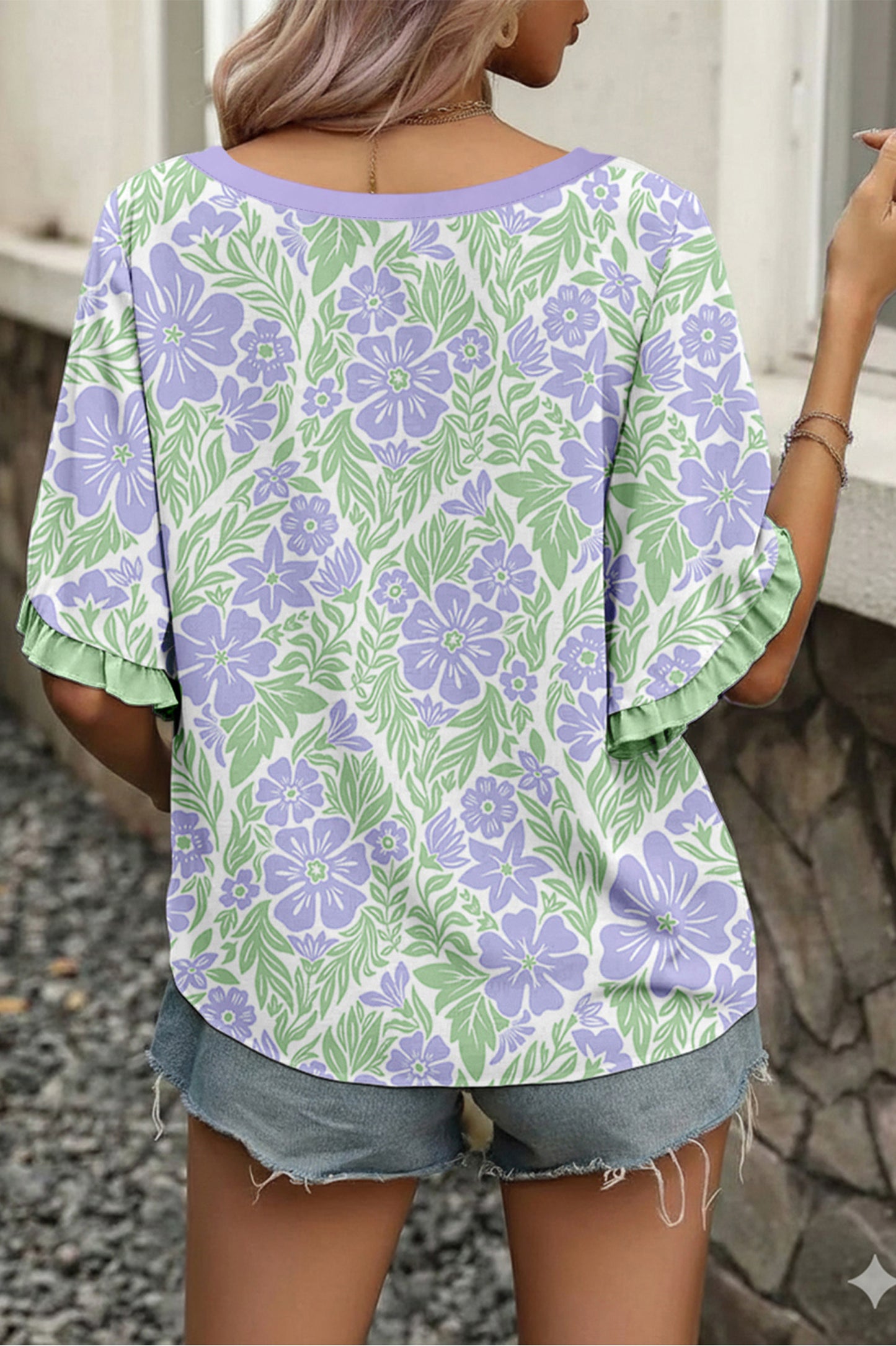Floral Viscose Blouse Casual Ruffle Trim Flutter Sleeve Top