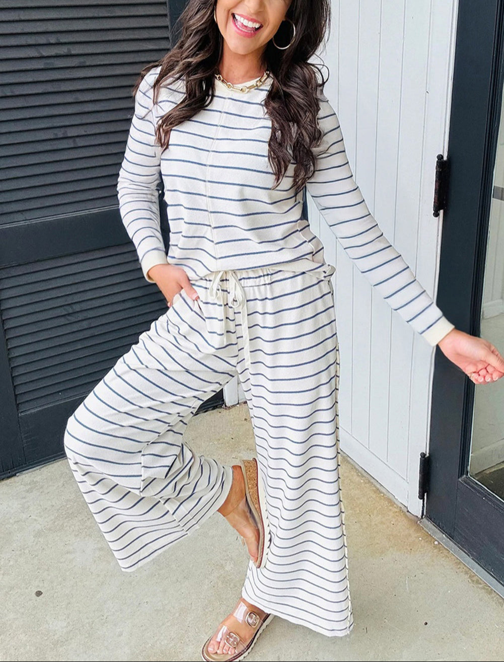 Sail Blue Striped Long Sleeve Top Drawstring Wide Leg Pants 2pcs Outfit