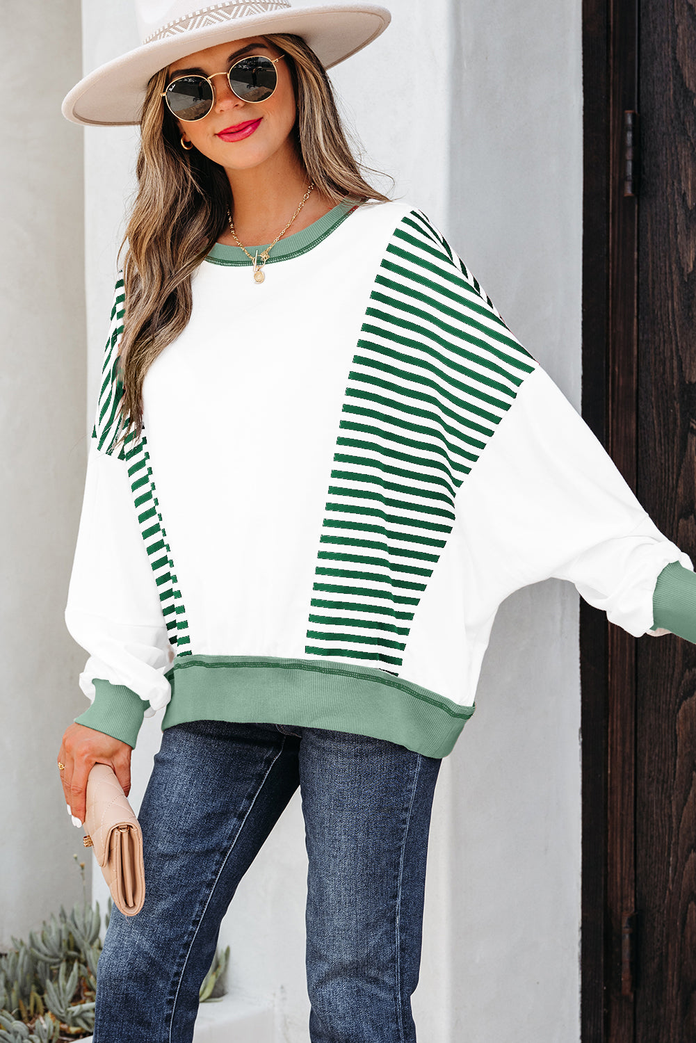 Red Stripe Colorblock Patchwork Contrast Stitching Oversize Sweatshirt