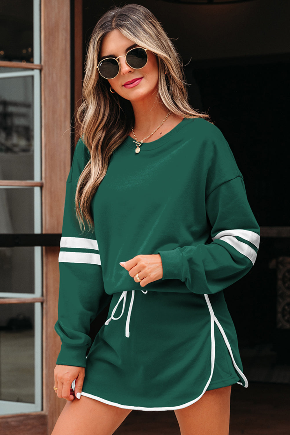 Orange Varsity Stripe Detail Drop Shoulder Pullover Mini Skirt Set