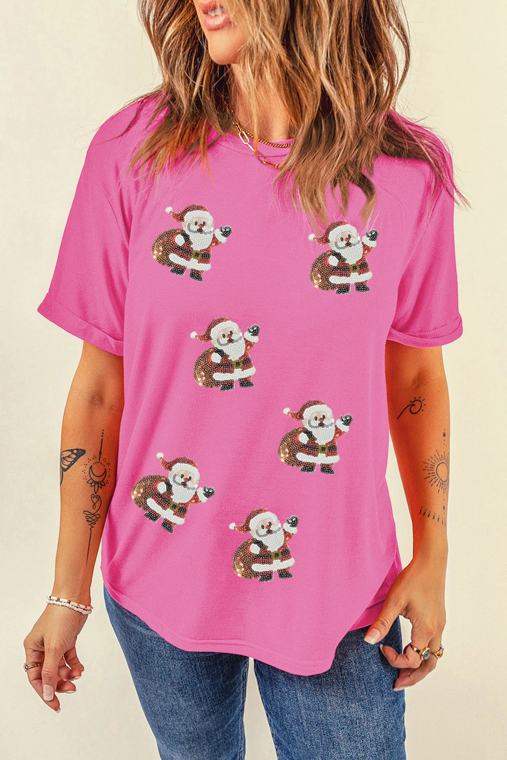 Sachet Pink Santa Claus Deliver Gifts Sequin Graphic Tee