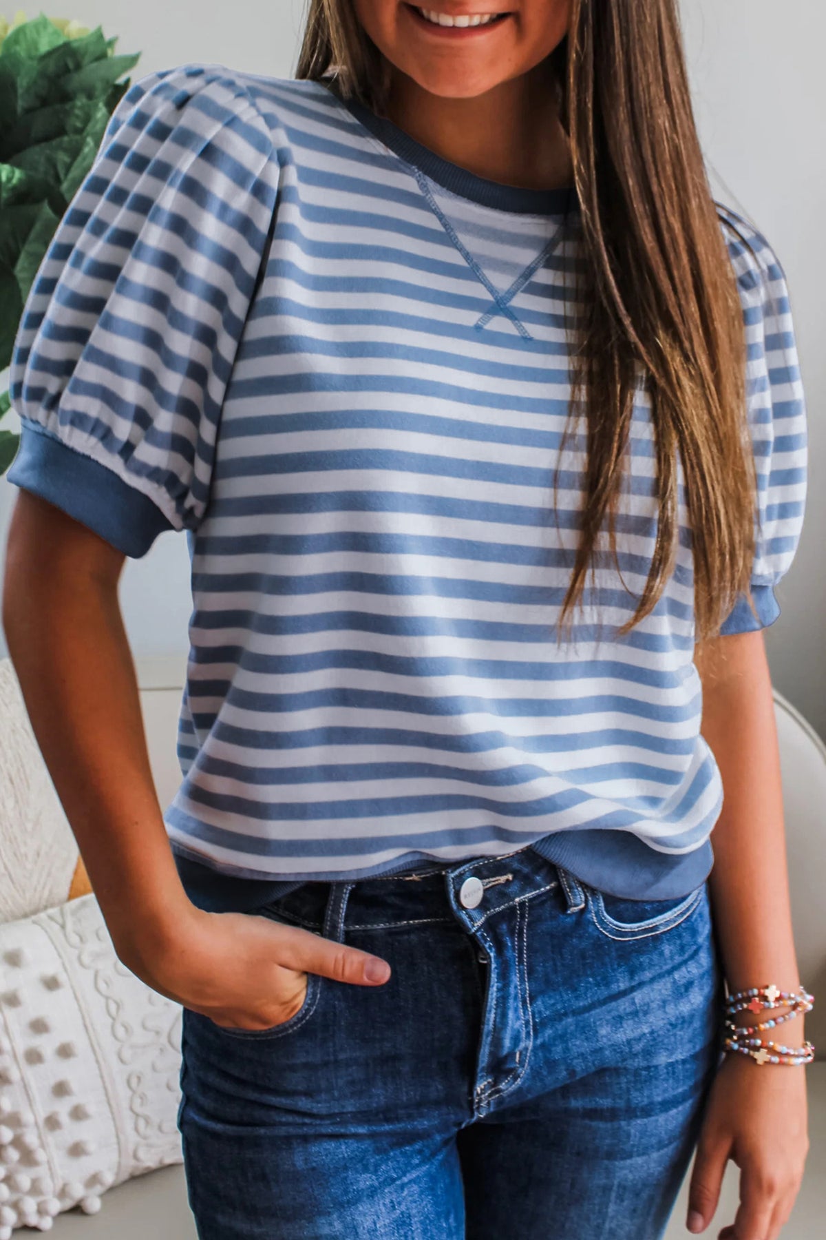 Khaki Stripe Short Bubble Sleeve T Shirt