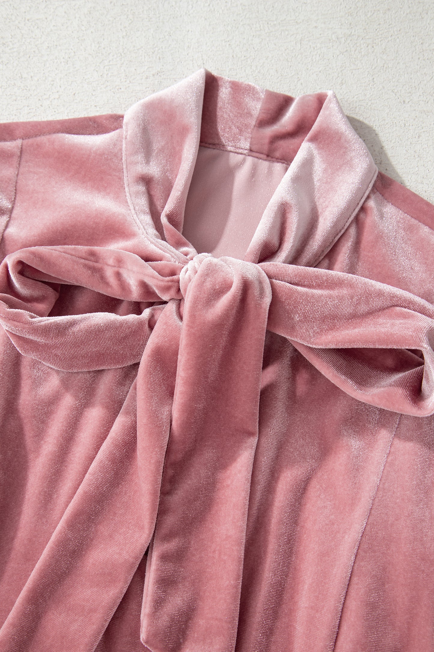 Fushia Solid Color Velvet Ribbon Bow Knot Long Sleeve Blouse