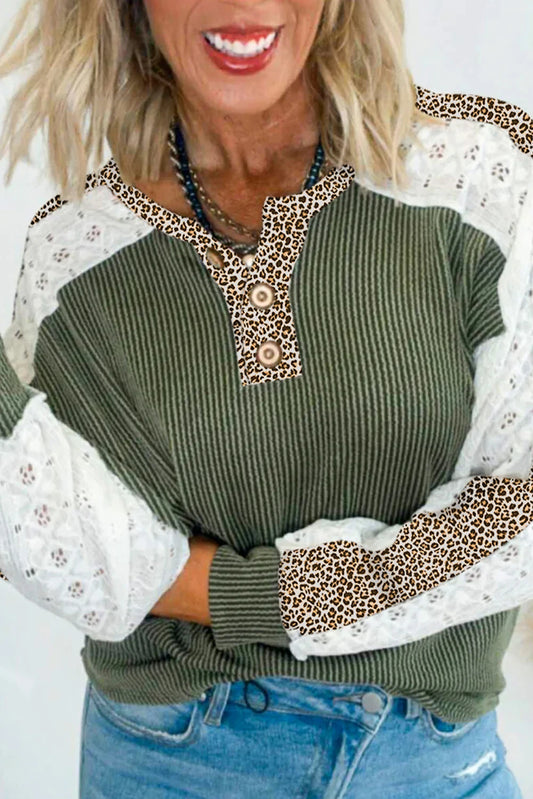Vineyard Green Twisted Ribbed Leopard Lace Contrast Patchwork Long Sleeve Top