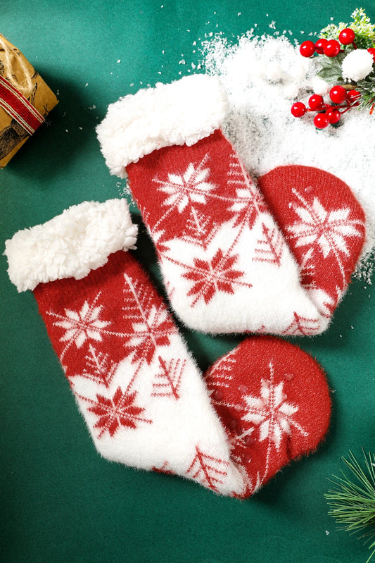 Fiery Red Christmas Snowflake Cozy Sherpa Lined Cabin Socks