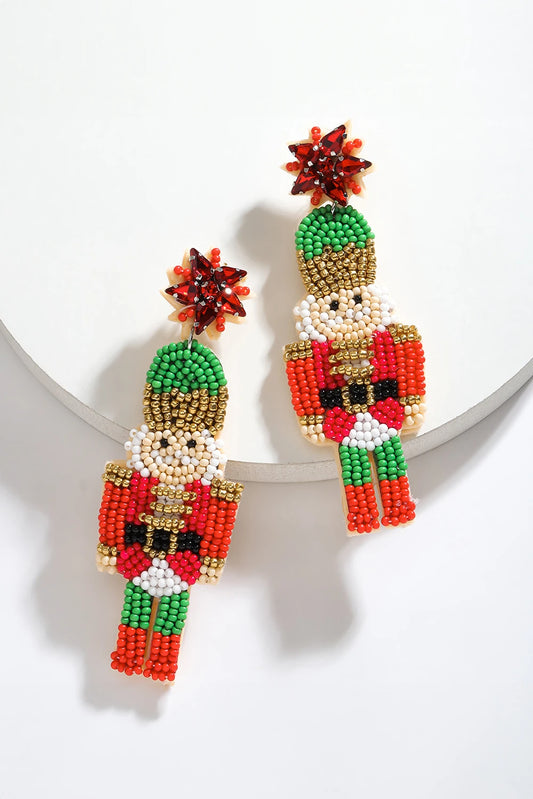 Fiery Red Rhinestone Beaded Nutcracker Dangle Earrings