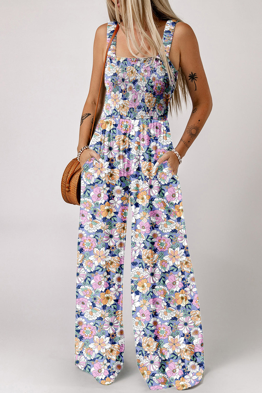 Green Floral Print Smocked High Waist Square Neck Jumpsuit