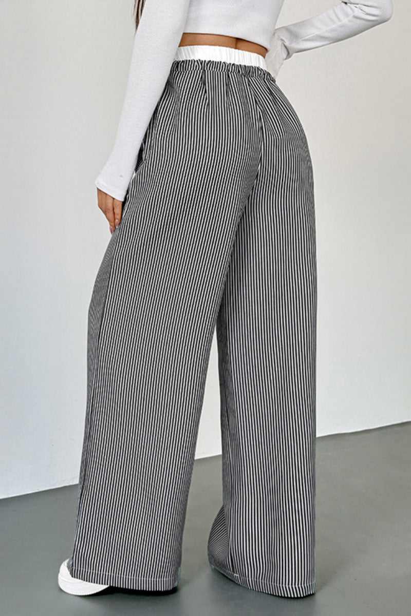 Striped High Waist Wide Leg Casual Drawstring Pants Women