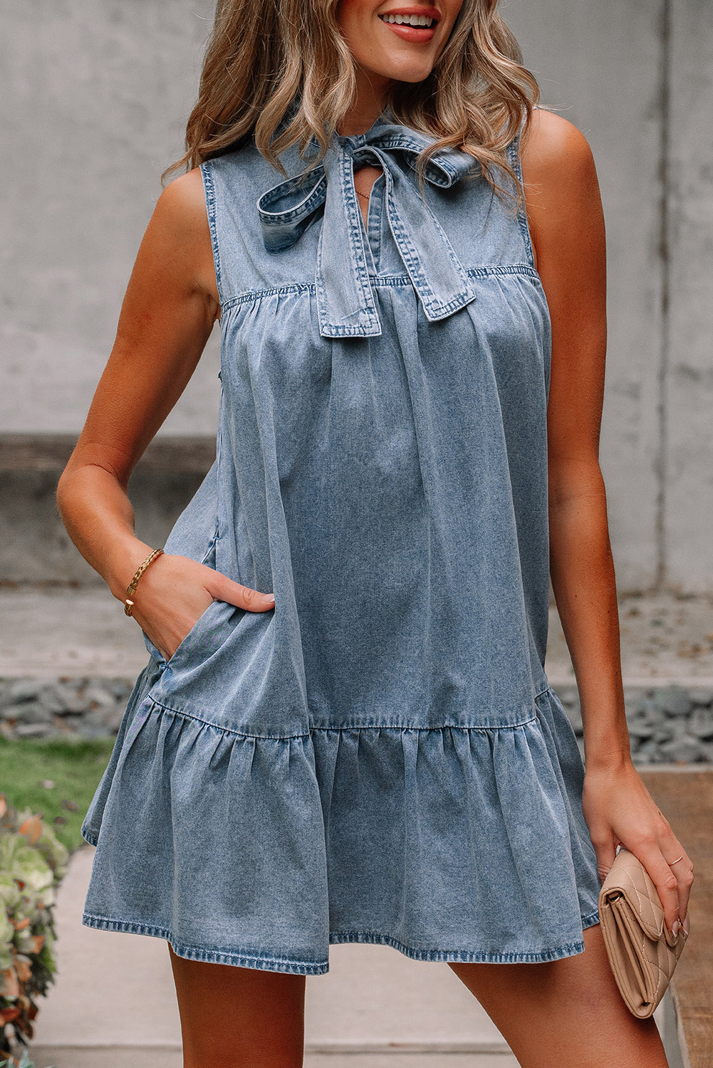 Beau Blue Bowknot Neck Sleeveless Ruffled Chambray Dress
