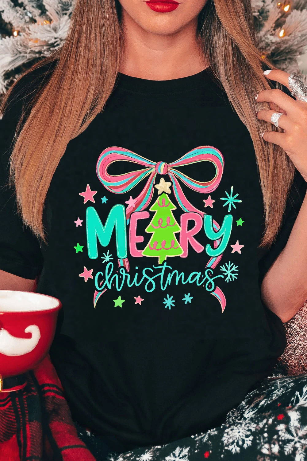 Black MERRY Christmas Vibrant Bow Print T Shirt