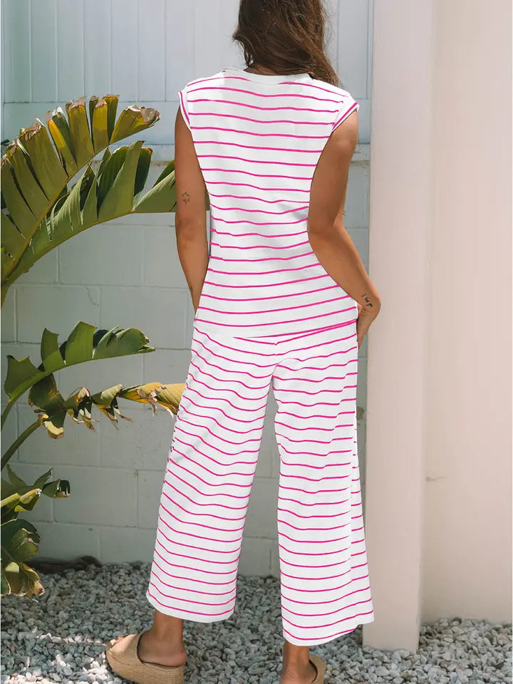 Black Stripe Casual Wide Leg 2pcs Pants Set