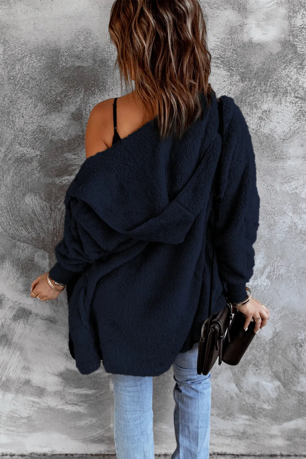 Blue Pink Soft Fleece Hooded Open Front Jacket