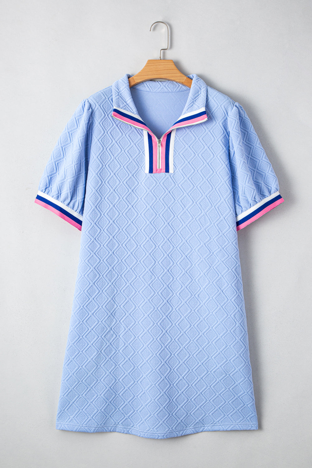 Beau Blue Contrast Striped Trim Zipped Stand Collar Textured Puff Sleeve Plus Size T Shirt Dress