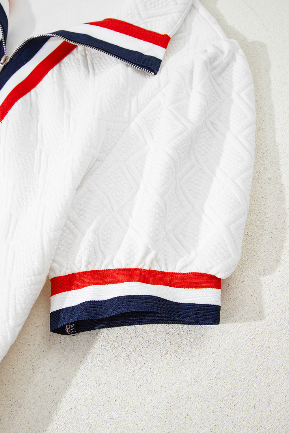 White Textured Jacquard Colorblock Edge Puff Sleeve Quarter Zip Mini Dress