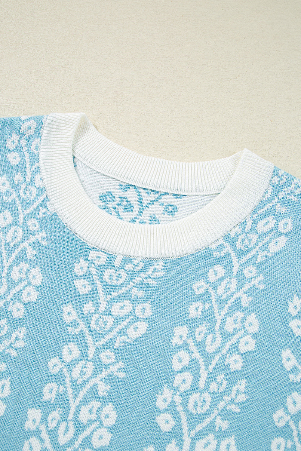 Sky Blue Contrast Floral Crewneck Short Sleeve Sweater