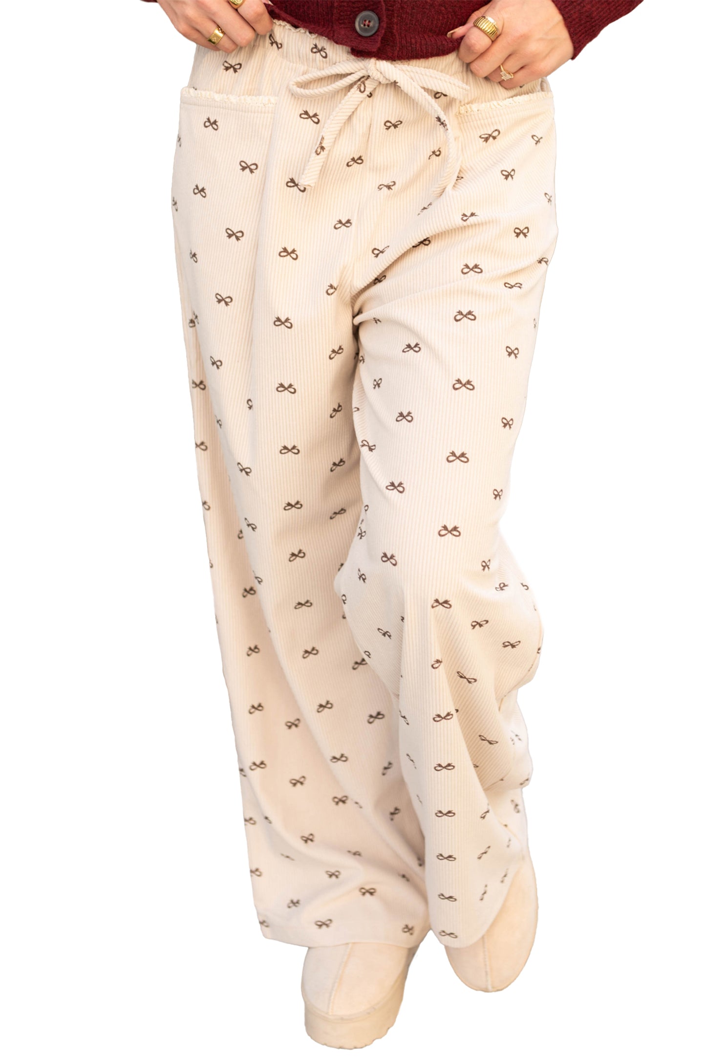Apricot Bow Print Drawstring Elastic Waist Loose Corduroy Pants
