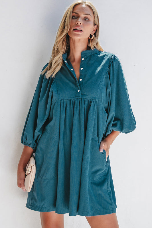 Corduroy Snap Buttons Empire Waist Bracelet Sleeve Dress