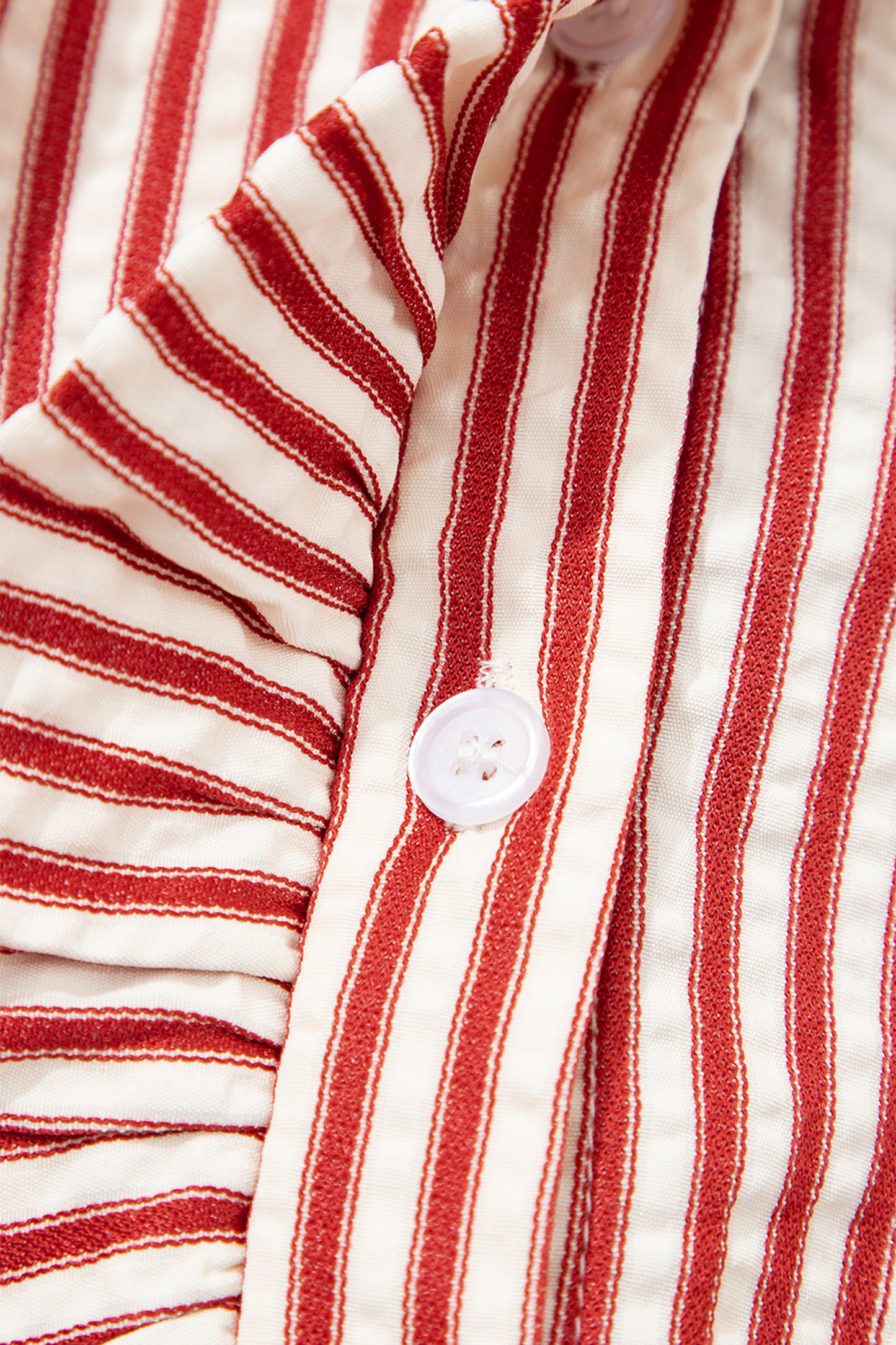 Red Stripe Textured Ruffle Trim Button-Up Long Sleeve Shirt