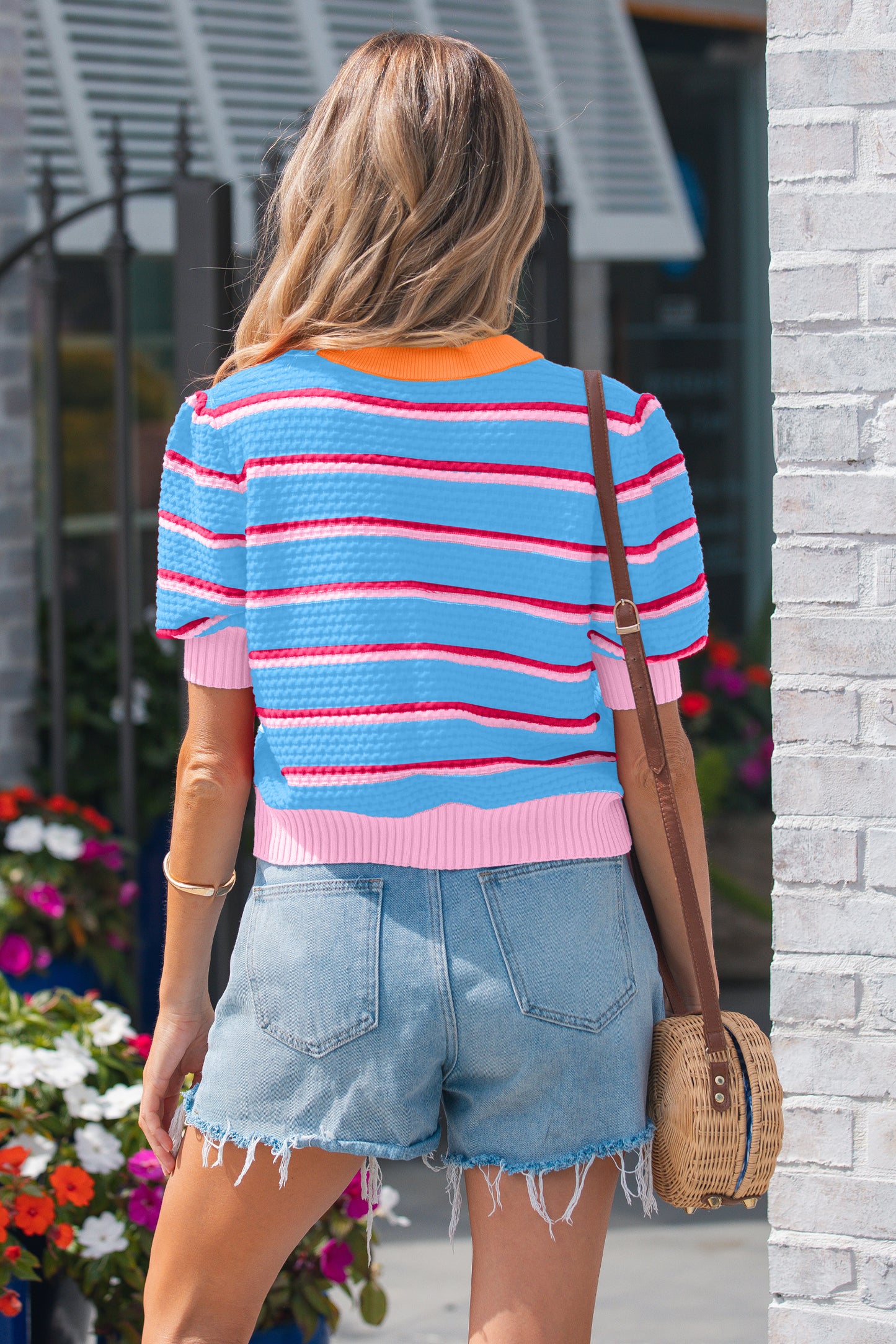 Red Stripe Colorblock Trim Half Sleeve Sweater Top