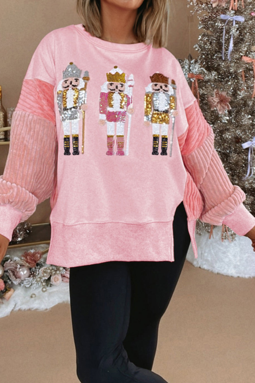 Beau Blue Sequin Nutcracker Textured Sleeve Patchwork Color Block Sweatshirt