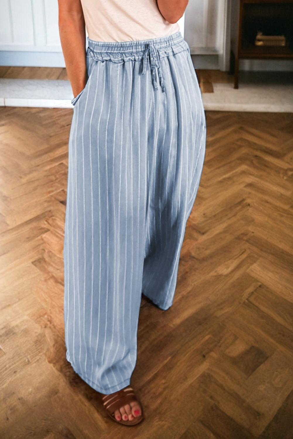 Blue Stripe Chambray Wide Leg Tied Elastic Waist Trousers