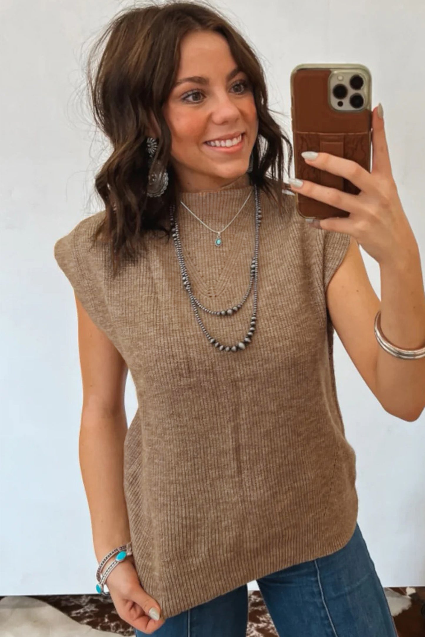 Ribbed Knit Sweater Vest Mock Neck Western Boutique Top