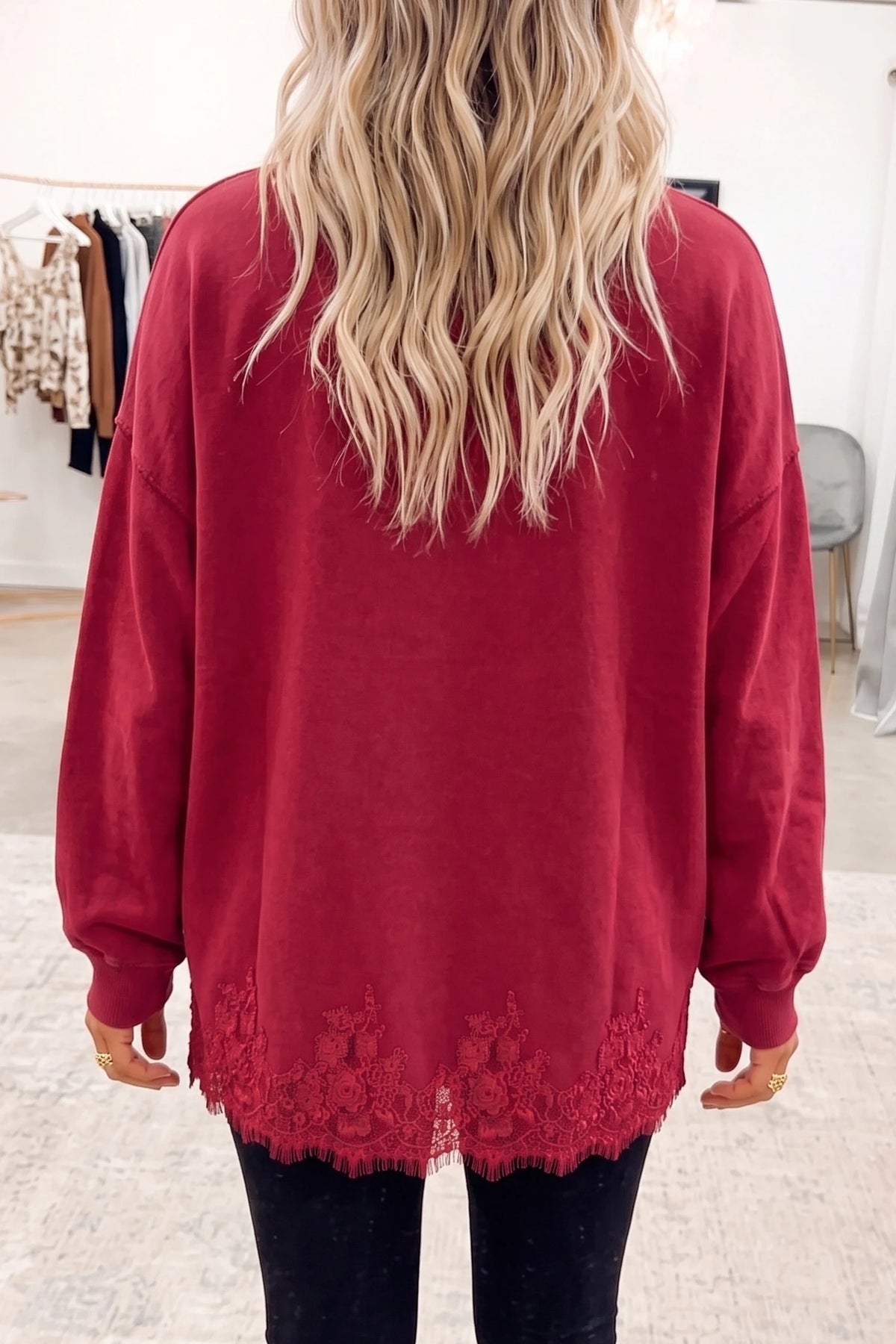 Racing Red Solid Color Lace Splicing Hem Mock Neck Pullover Sweatshirt