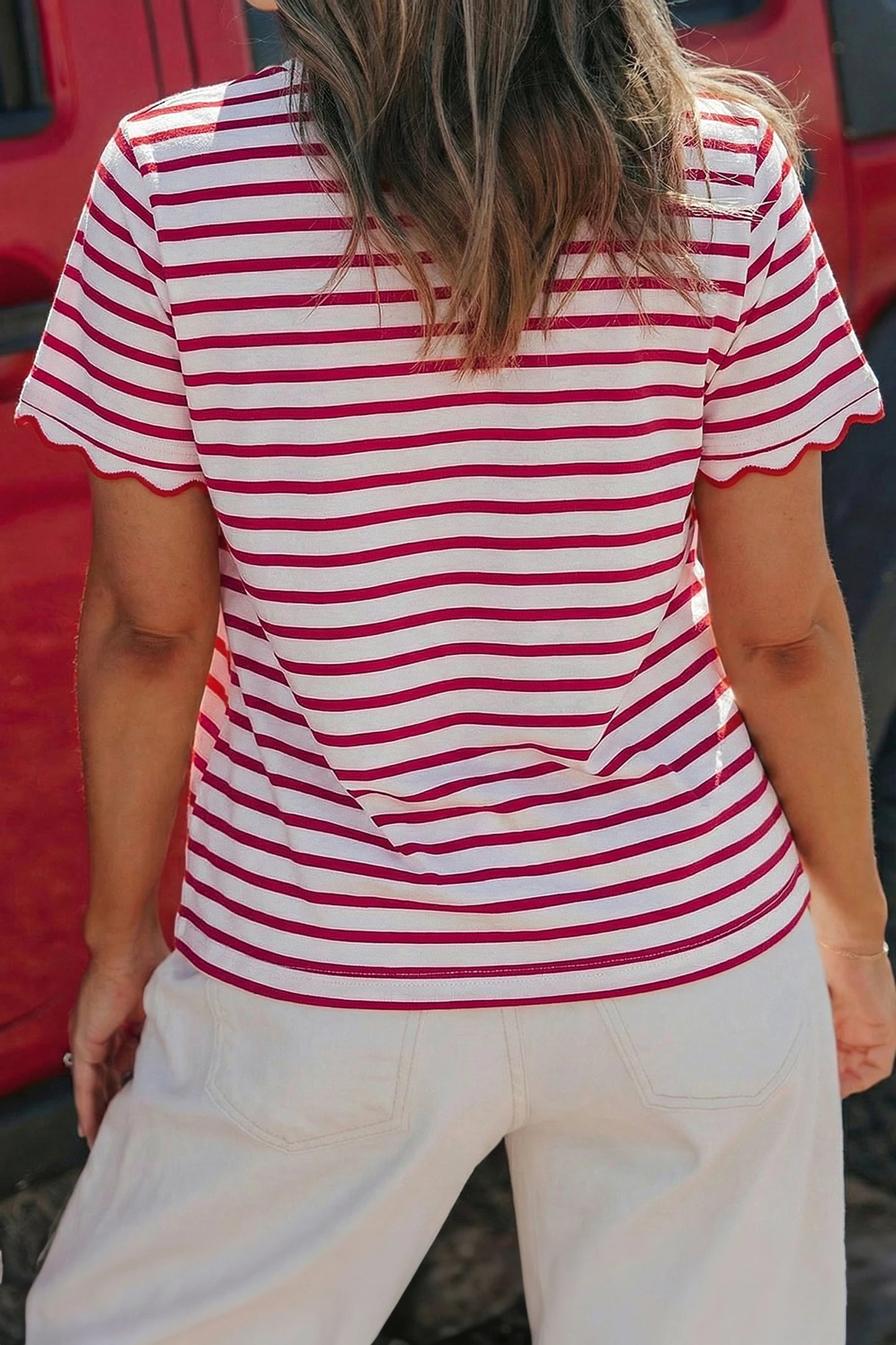 Stripe Scalloped Trim Round Neck T Shirt
