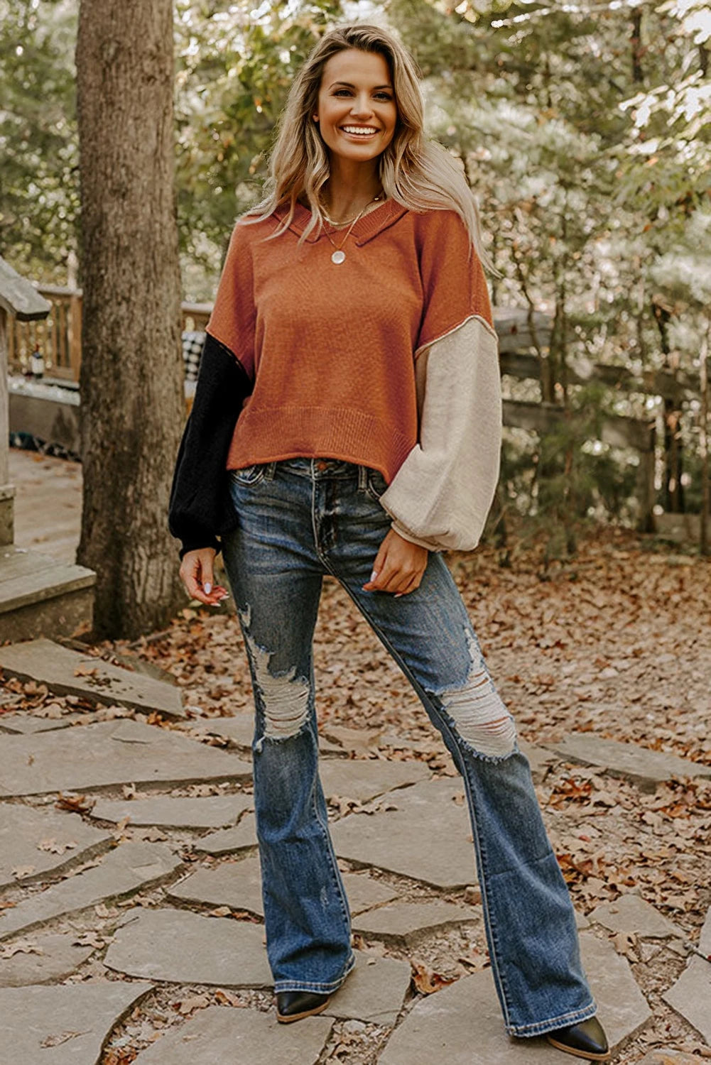 Desert Gold Colorblock Raw Edge Bubble Sleeve V Neck Sweater