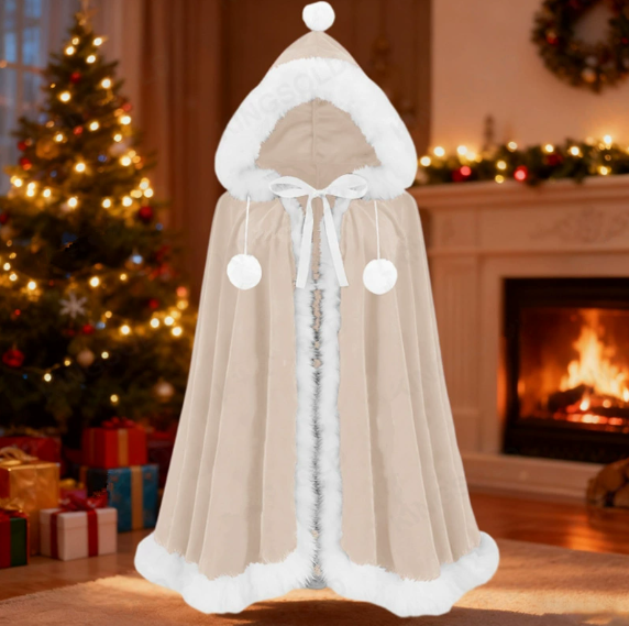 Velvet Hooded Christmas Cape Faux Fur Trim