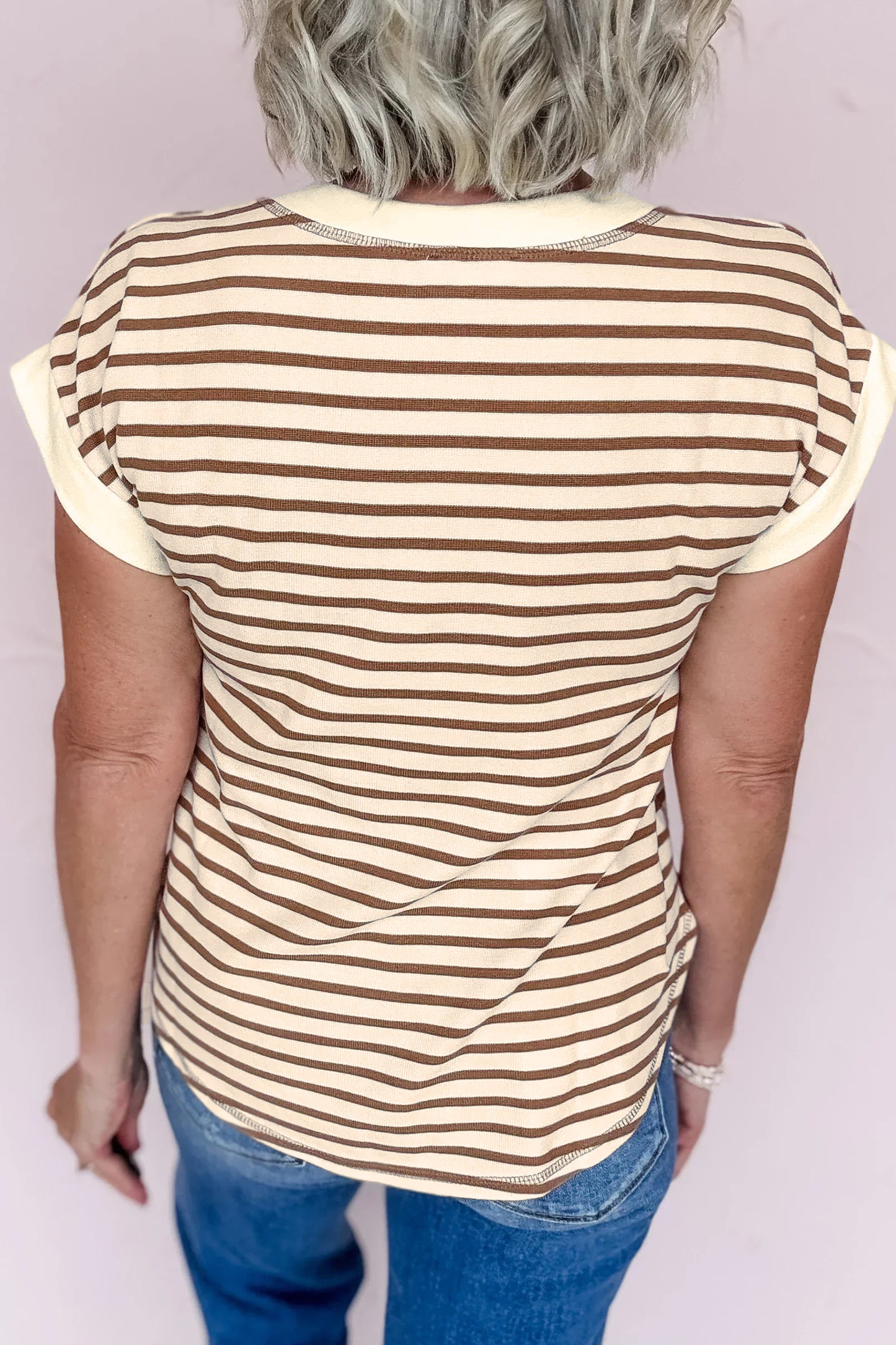 Red Stripe Half Buttons Round Neck T Shirt