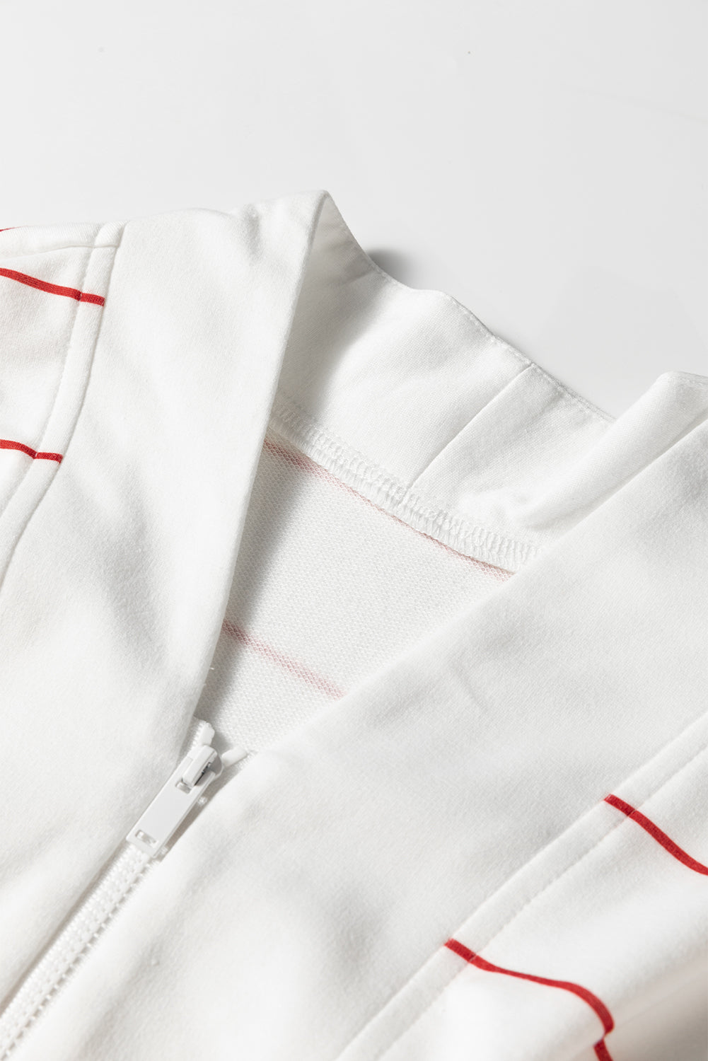 White Zip V Neck Casual Stripe Print Drop Shoulder Long Sleeve Top