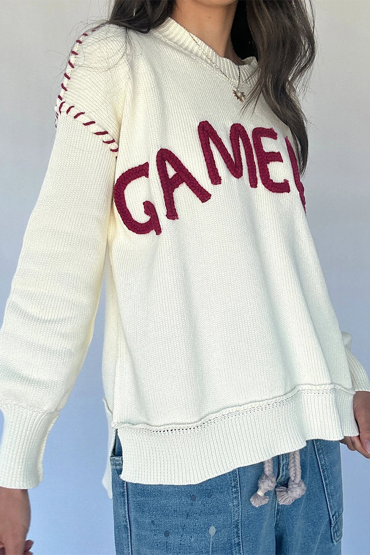 Drop Shoulder Game Day Letter Print Pullover Sweater