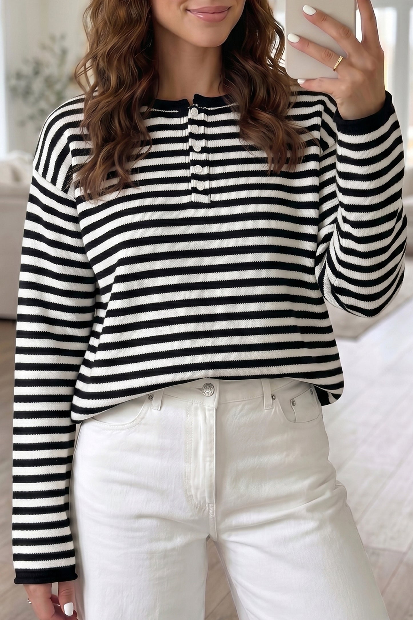Striped Button Placket Drop Shoulder Long Sleeve Sweater