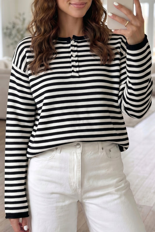 Striped Button Placket Drop Shoulder Long Sleeve Sweater