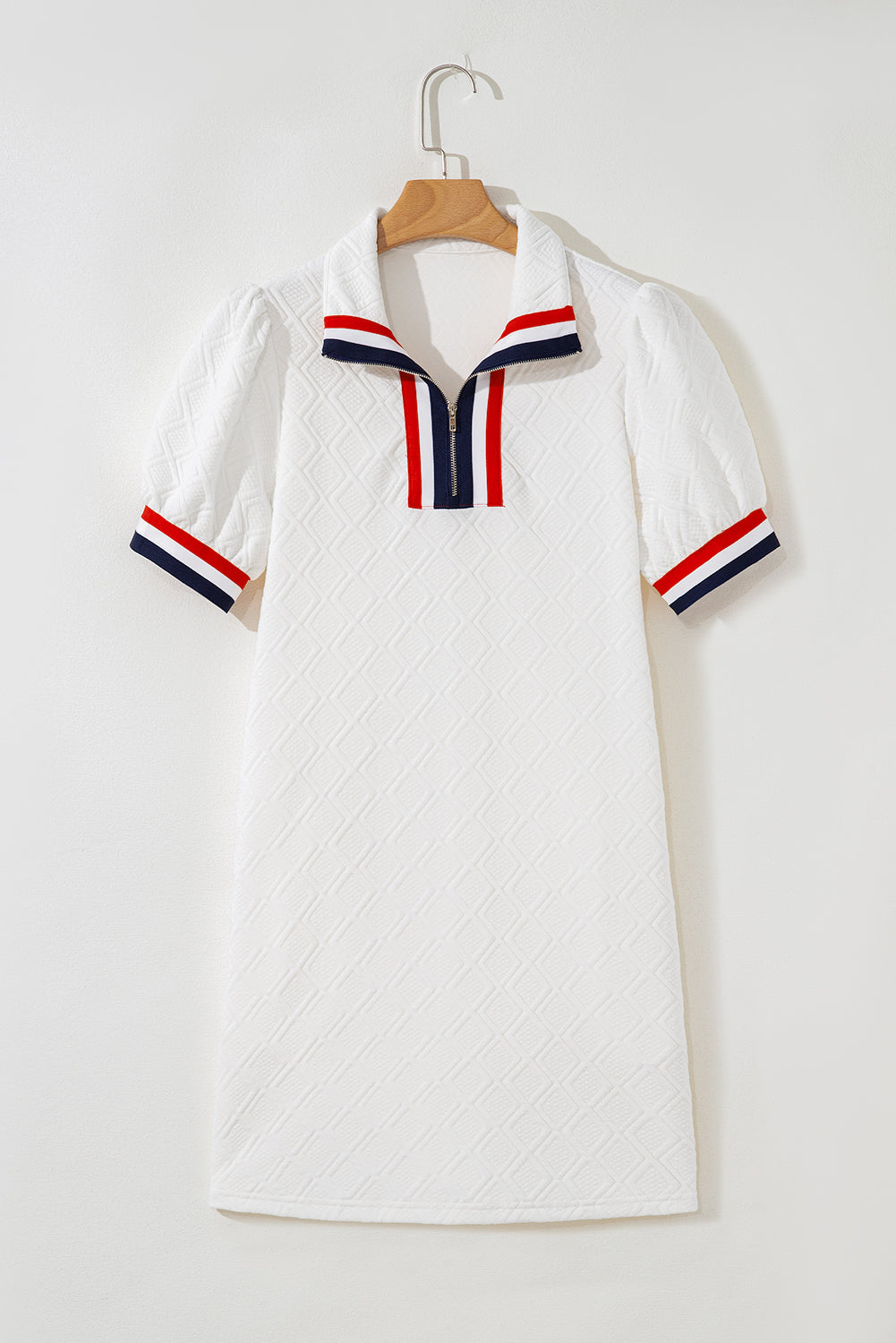 White Textured Jacquard Colorblock Edge Puff Sleeve Quarter Zip Mini Dress