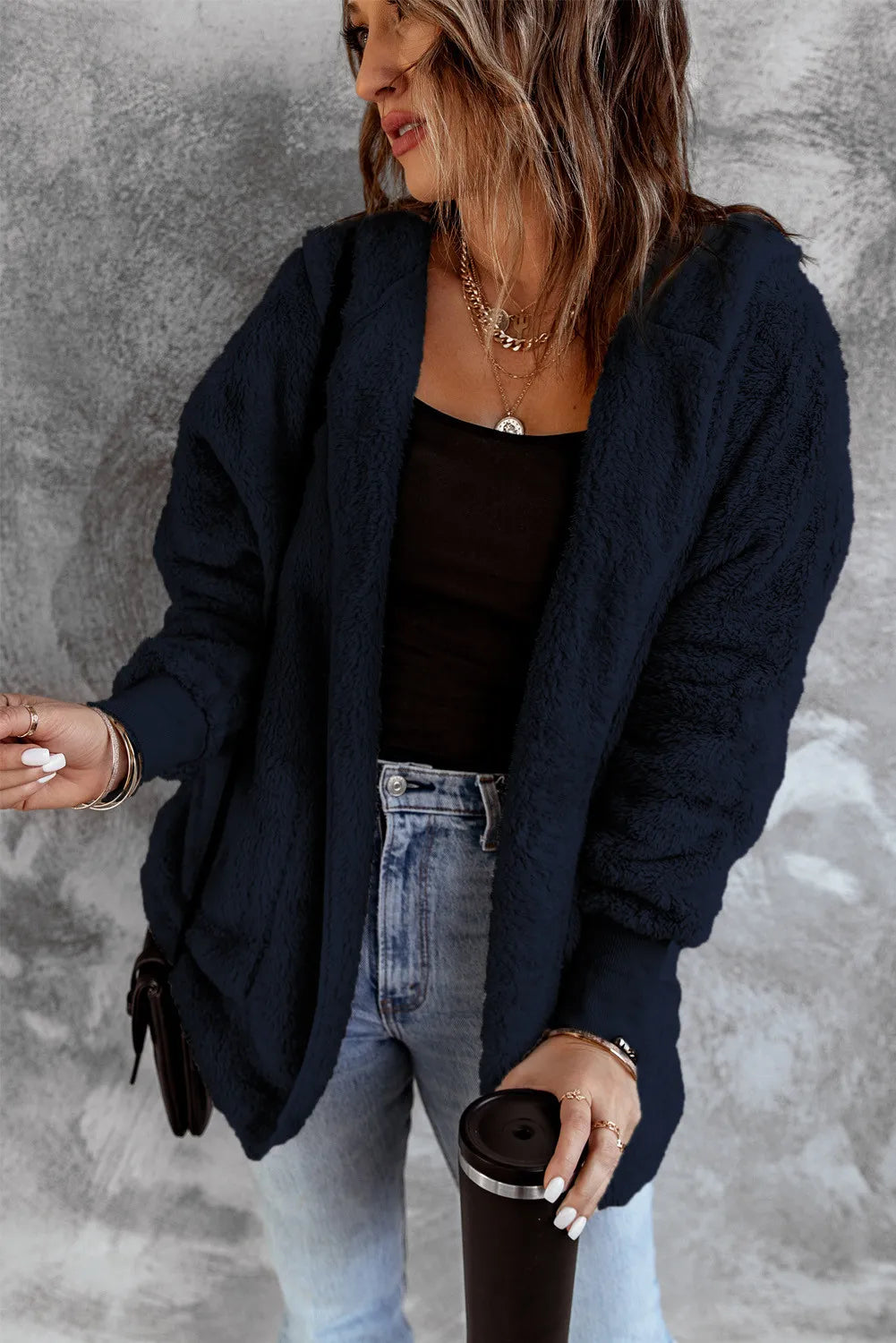 Blue Pink Soft Fleece Hooded Open Front Jacket